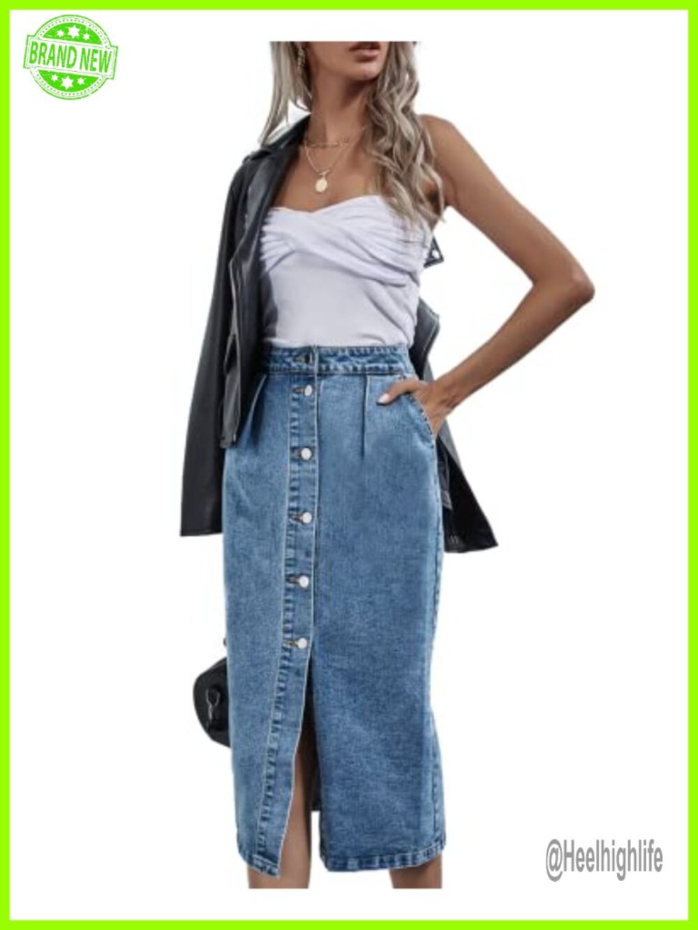 Womens High Waisted Button Front Washed Denim Midi A-Line Skirt Cotton